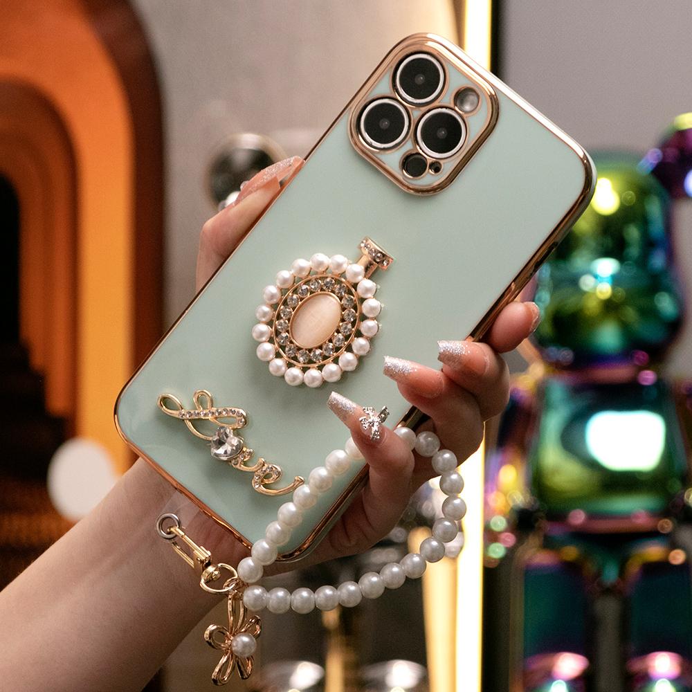 Round Stone Pearl Perfume Bottle Plus Pearl Chain Plating Phone Case For iPhone 16ProMax 16 15 14 13 12 11 Pro Max