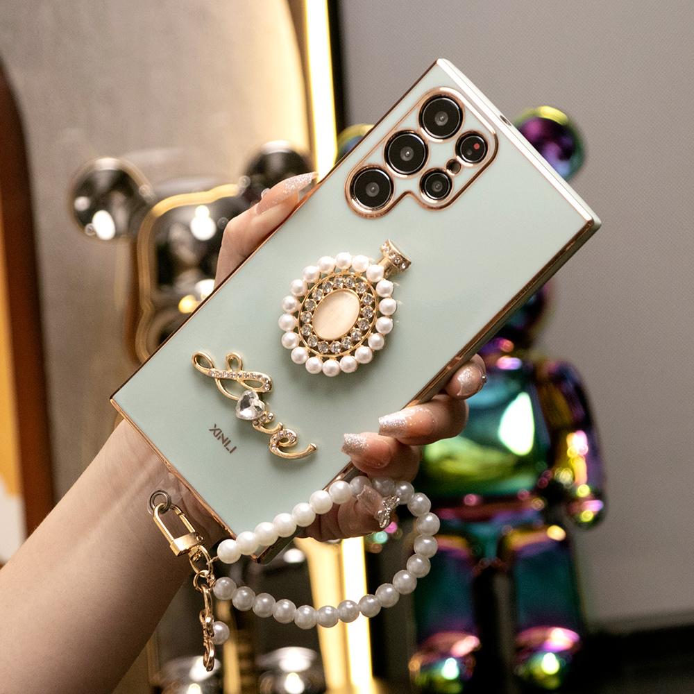 Round Stone Pearl Perfume Bottle Plus Pearl Chain Plating Phone Case For Samsung S24Ultra S24FE S24 S23 S22 S21 FE Plus Ultra Note 20