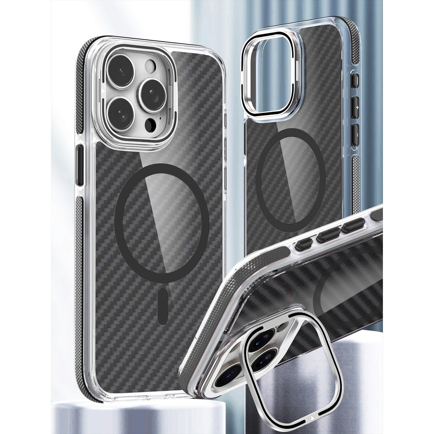 For iPhone 16 15 14 13 12 11 Case, Magnetic Carbon Fiber Pattern Phone Case, Metal Hardware Camera Lens Stand Acrylic Cover, Clear No Yellow, With Shockproof Anti-Fall Bumper