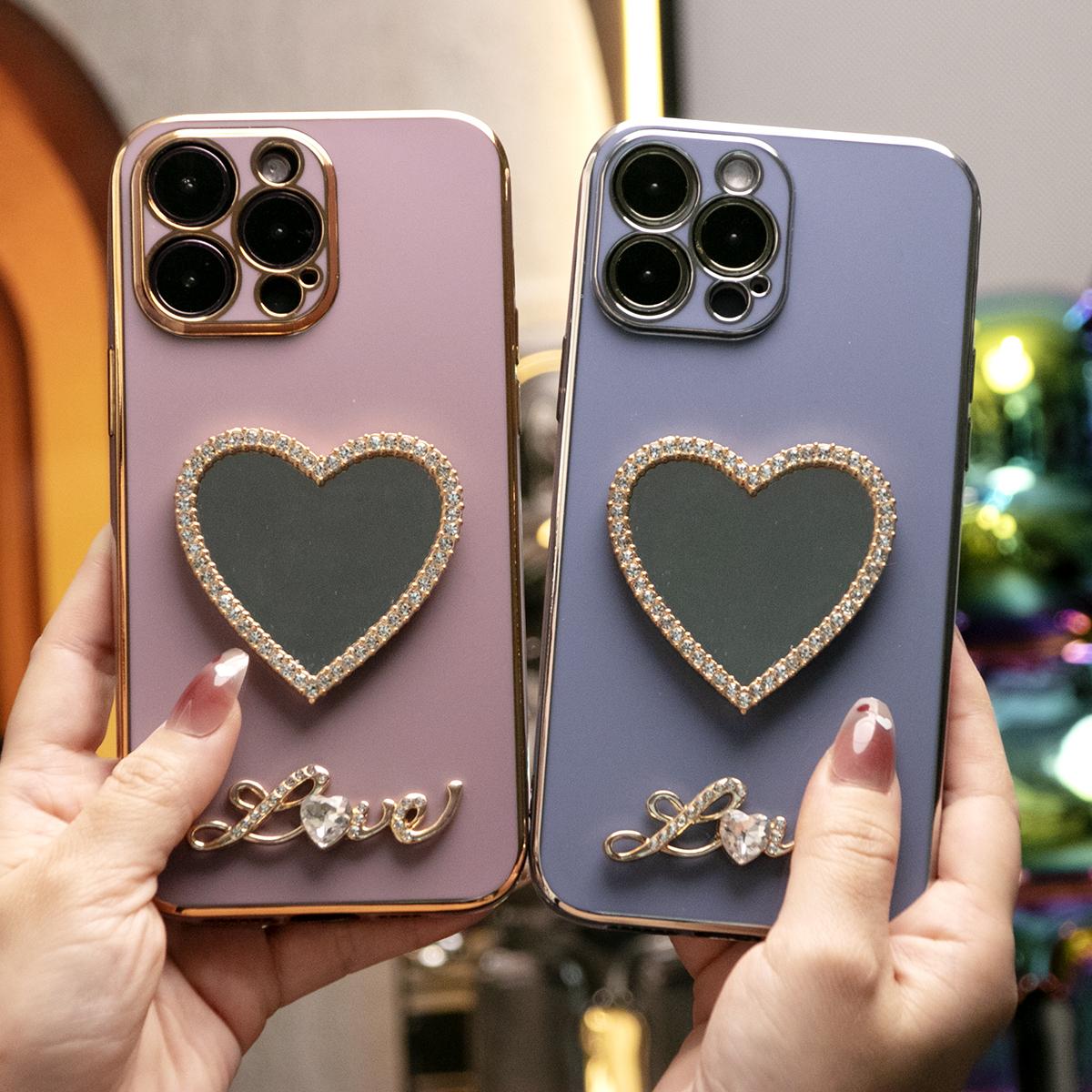 For iPhone 16 15 14 13 Pro Max Phone Case, Love Heart Mirror TPU Luxury Plating Slim Soft Full Cover