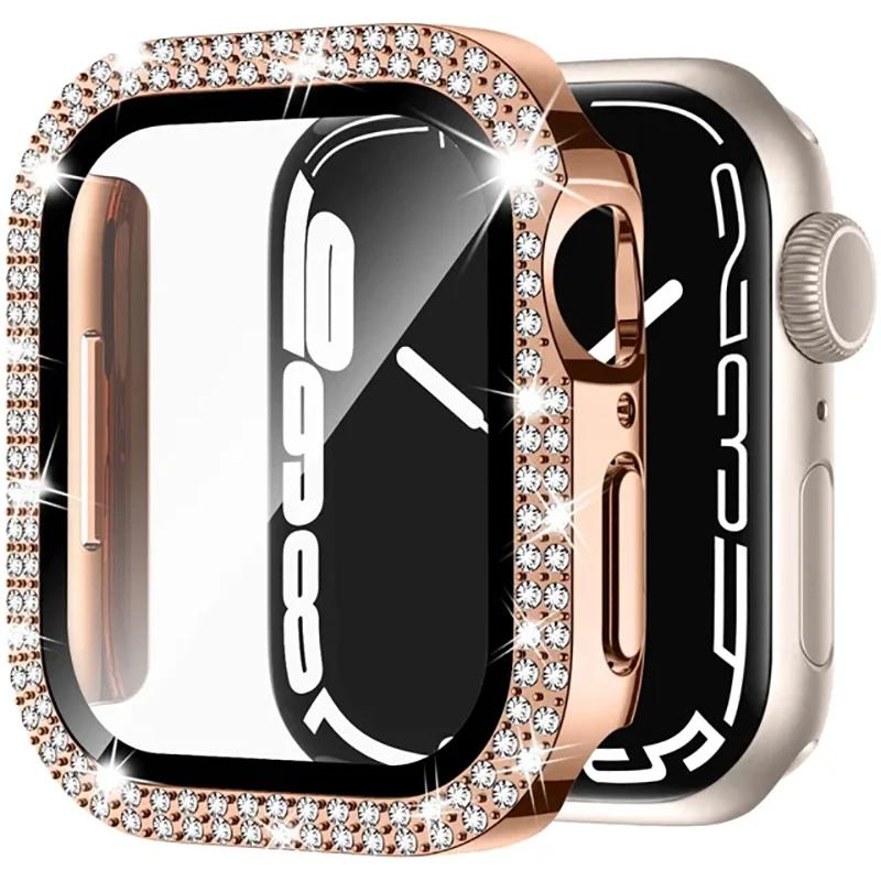 Glass+Diamond Cover For Apple watch case 40mm 44mm 41mm 45mm 38mm 42mm Bling Bumper Protector iWatch series 9 3 5 6 7 8 se case