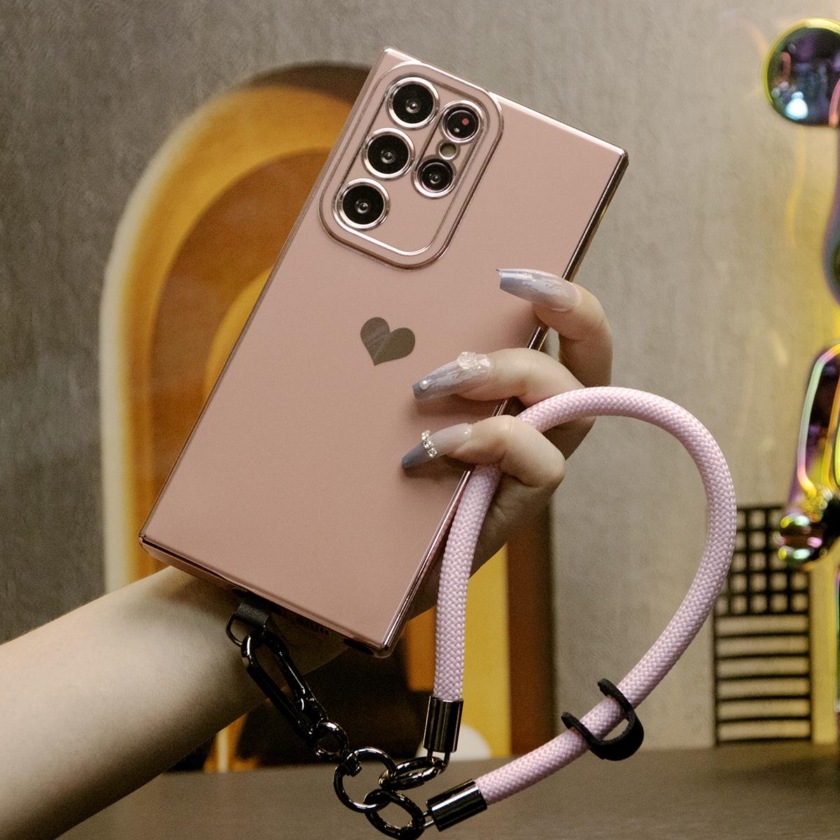 Luxury Love Heart Side Pattern Plating Basic Phone Case With Multifunctional Climbing Rope For Samsung S24Ultra S24FE S24 S23 S22 S21 FE Plus Ultra