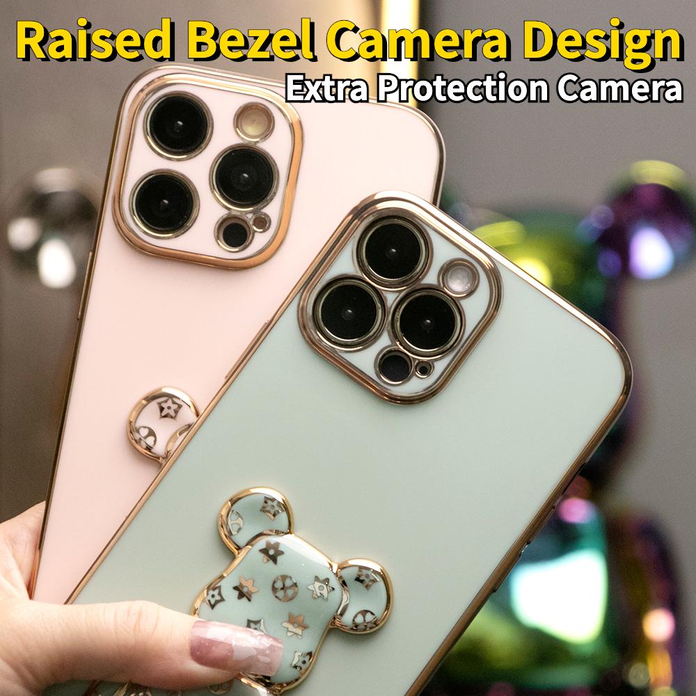 For iPhone 16 15 14 13 Pro Max Phone Case, Flower Bear Kickstand, Plating Electroplate Luxury Elegant Case Camera Protector Pop Stand Shockproof Soft Cover