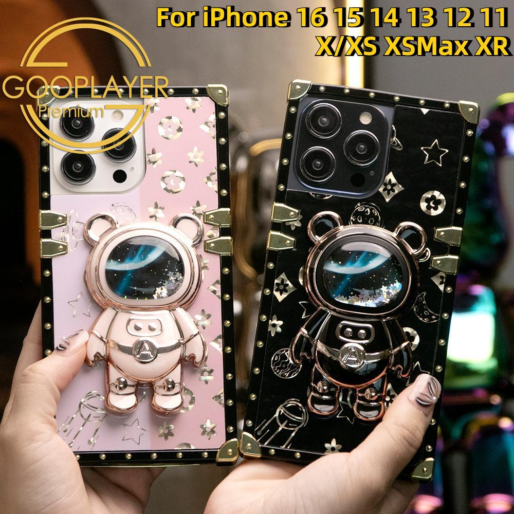 For iPhone 16 15 14 13 12 11 Pro Max XS XR XSMax Phone Case, Quicksand Bear Kickstand, Square Electroplate Luxury Elegant Case Pop Stand Shockproof Soft Full Cover