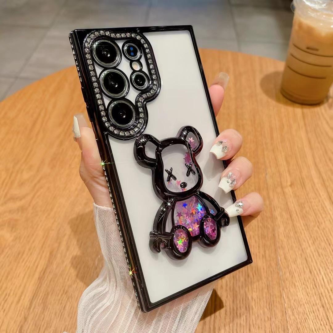 For Samsung S24 S23 S22 Plus Ultra Case, Rhinestone Quicksand Bear Glitter Luxury Elegant Plating Case Camera Protection Shockproof Hard Cover