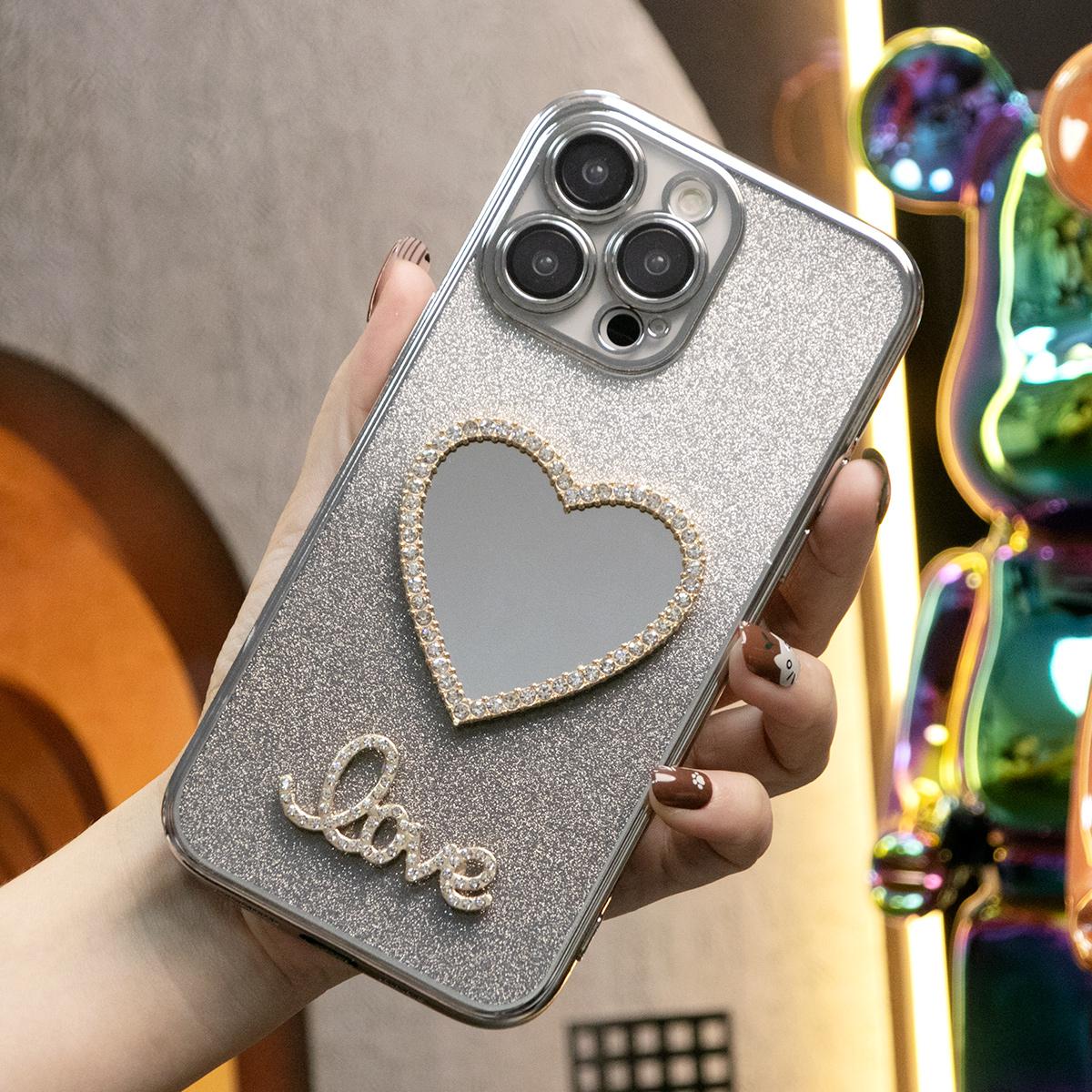 Glitter Transparent Gradient Love Heart Mirror Phone Case For iPhone 16ProMax 16 15 14 13 12 Pro Max Clear Soft TPU Back Cover