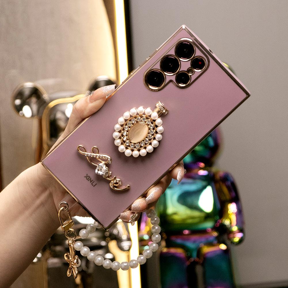 Round Stone Pearl Perfume Bottle Plus Pearl Chain Plating Phone Case For Samsung S24Ultra S24FE S24 S23 S22 S21 FE Plus Ultra Note 20