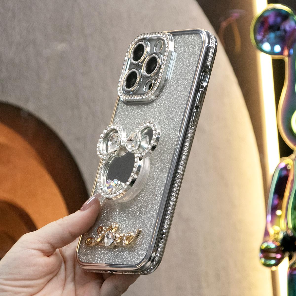 Plating Glitter Diamond Mouse Head Mirror Kickstand Phone Case For iPhone 16 15 14 13 12 Pro Max