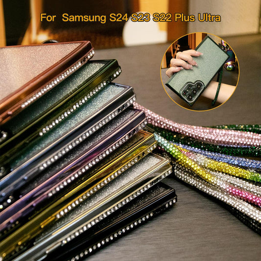 For Samsung S24 S23 S22 Plus Ultra Case, Clear Rhinestone Glitter Luxury Elegant Plating Case With Rhinestone Wristband Camera Protection Shockproof Soft Cover