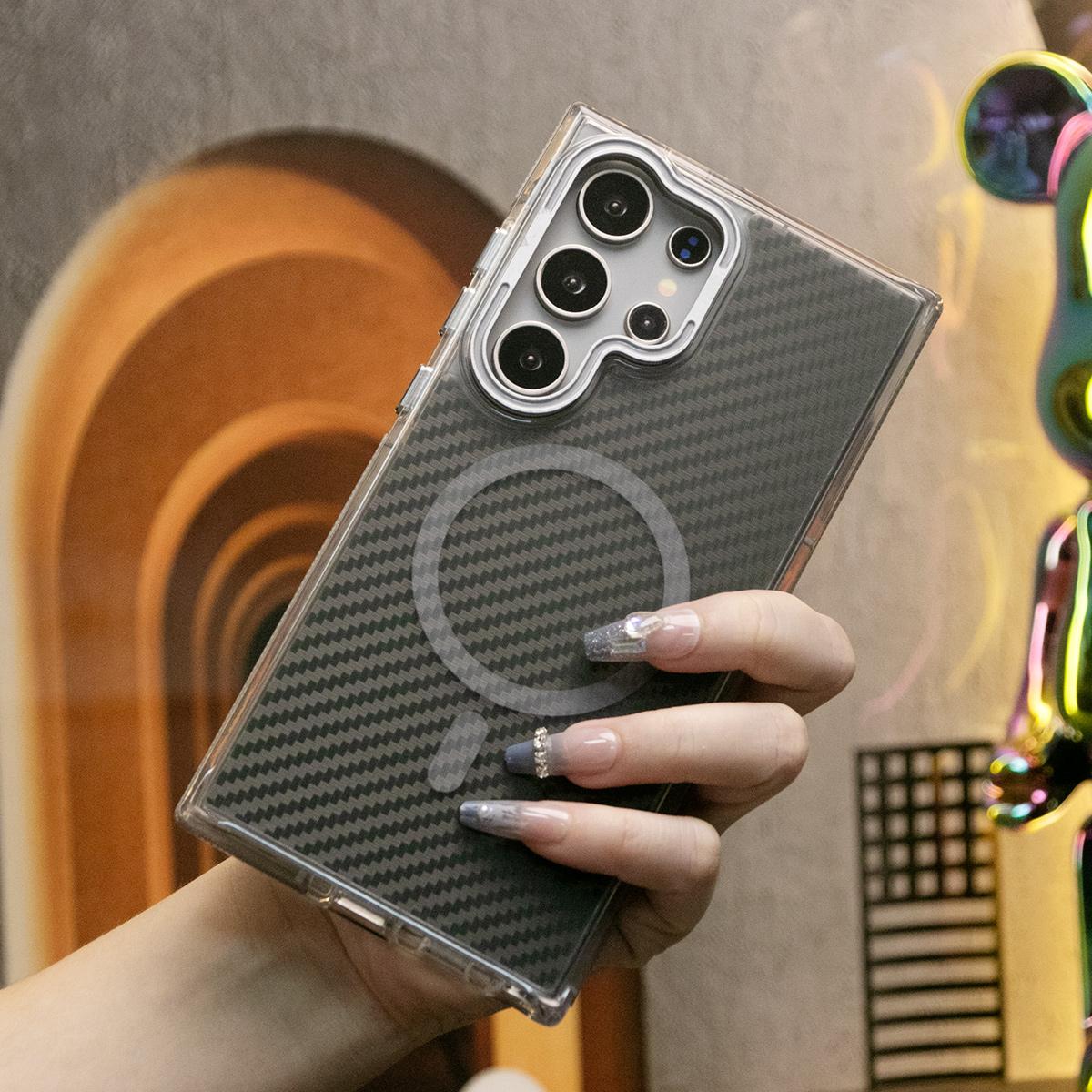 Magnetic Carbon Fiber Pattern Phone Case, Metal Hardware Camera Lens Stand Acrylic Cover, With Shockproof  Anti-Fall Bumper For Samsung S24 S23 S21FE A14 A15 A24 A25 A35 A54 A55 A05