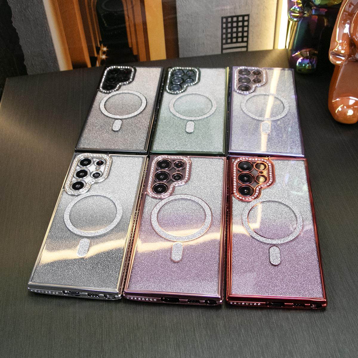 For Samsung S24 S23 S22 Plus Ultra Case, Clear Rhinestone Magnetic, Glitter Luxury Elegant Case Camera Protection Shockproof Soft Cover