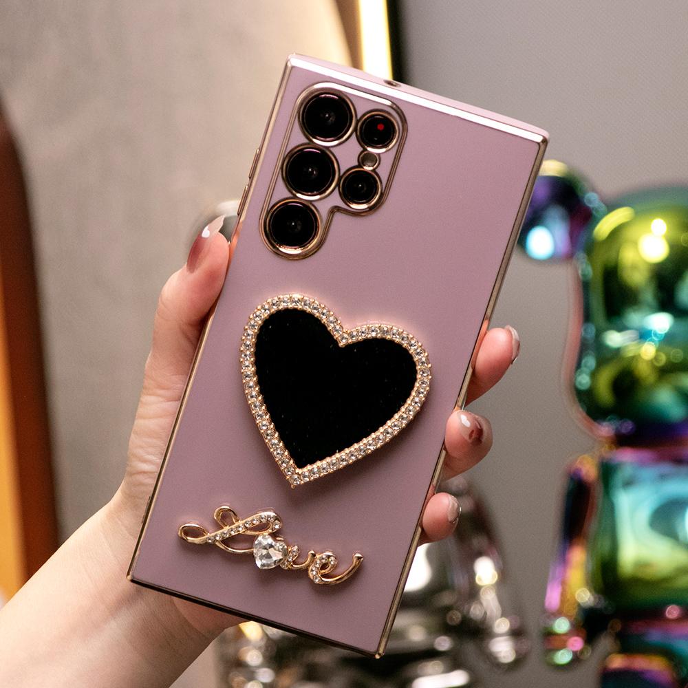 Love Heart Mirror Plating Phone Case for Samsung S24FE S24Ultra S24 S23 S22 S21 FE Plus Ultra Note 20