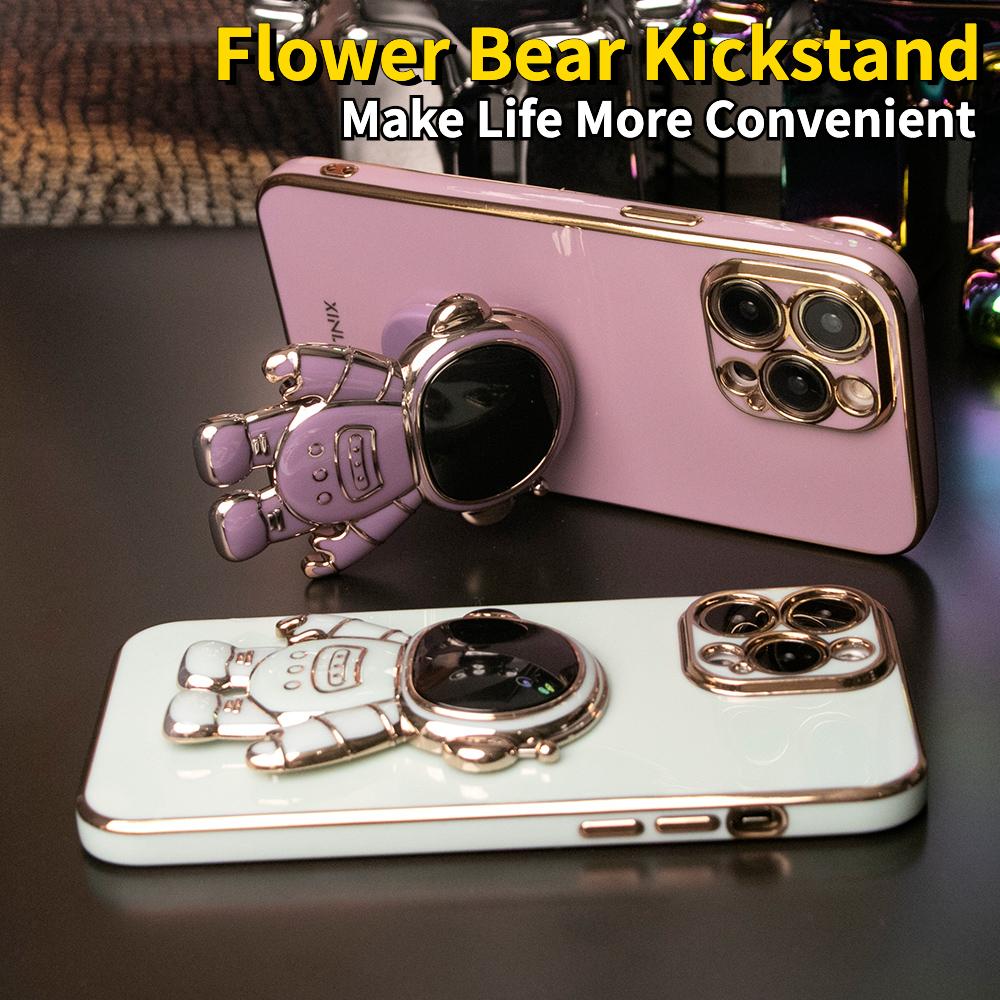 For iPhone 16 15 14 13 Pro Max Phone Case, Astronaut Kickstand, Plating Electroplate Luxury Elegant Case Camera Protector Pop Stand Shockproof Soft Cover