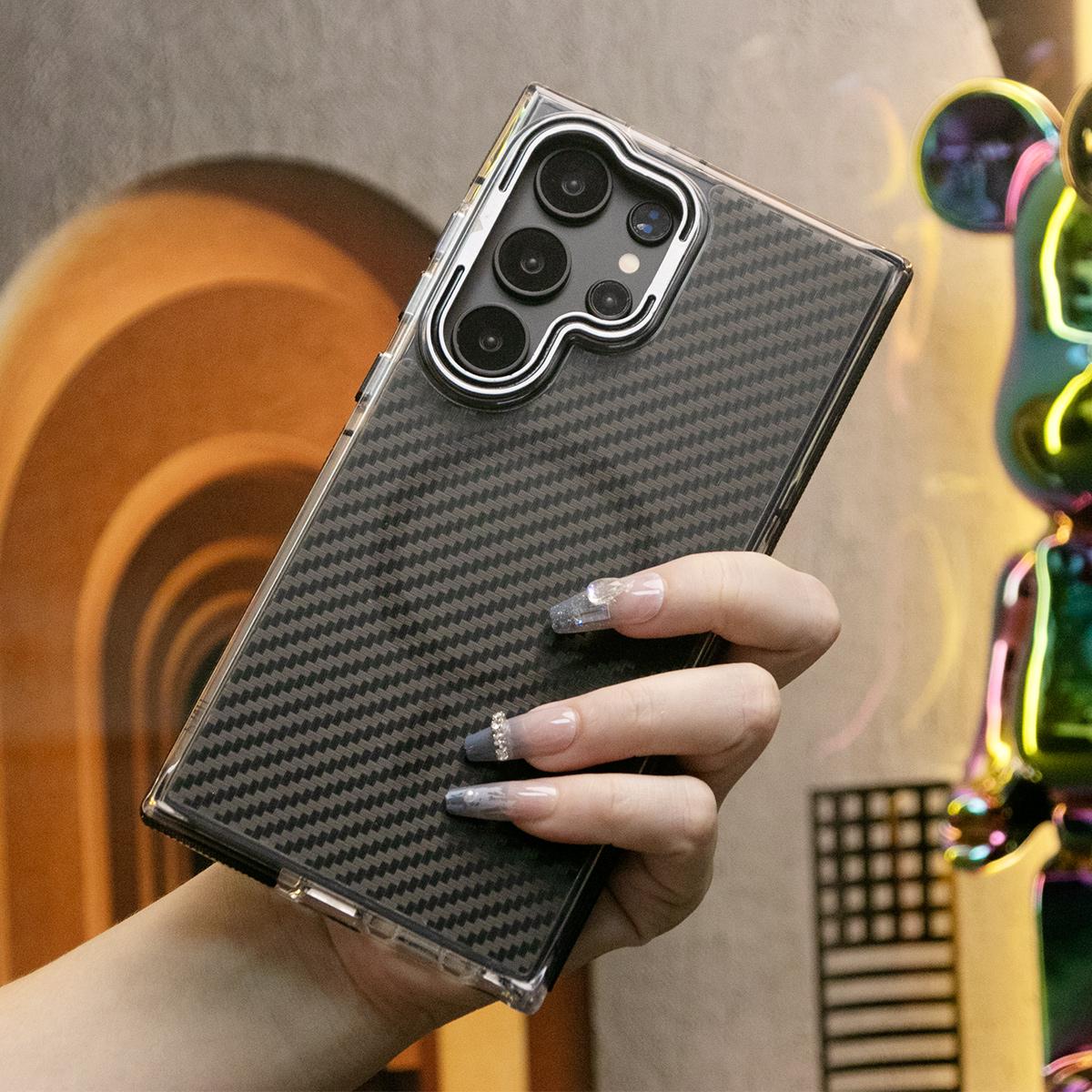 Magnetic Carbon Fiber Pattern Phone Case, Metal Hardware Camera Lens Stand Acrylic Cover, With Shockproof  Anti-Fall Bumper For Samsung S24 S23 S21FE A14 A15 A24 A25 A35 A54 A55 A05