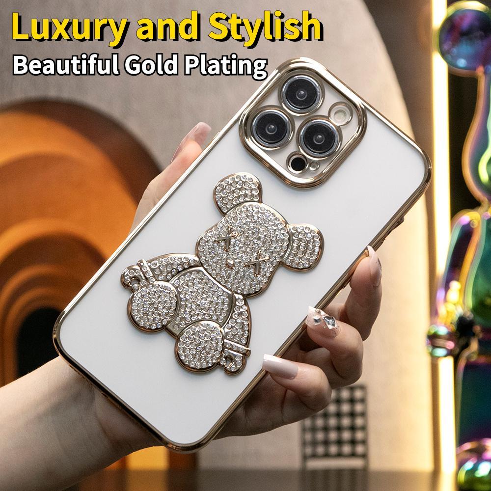 For iPhone 16 15 14 13 12 Pro Max Case, Rhinestone Bear, Glitter Clear Plating Electroplate Luxury Elegant Case Slim Fit Shockproof Soft Cover