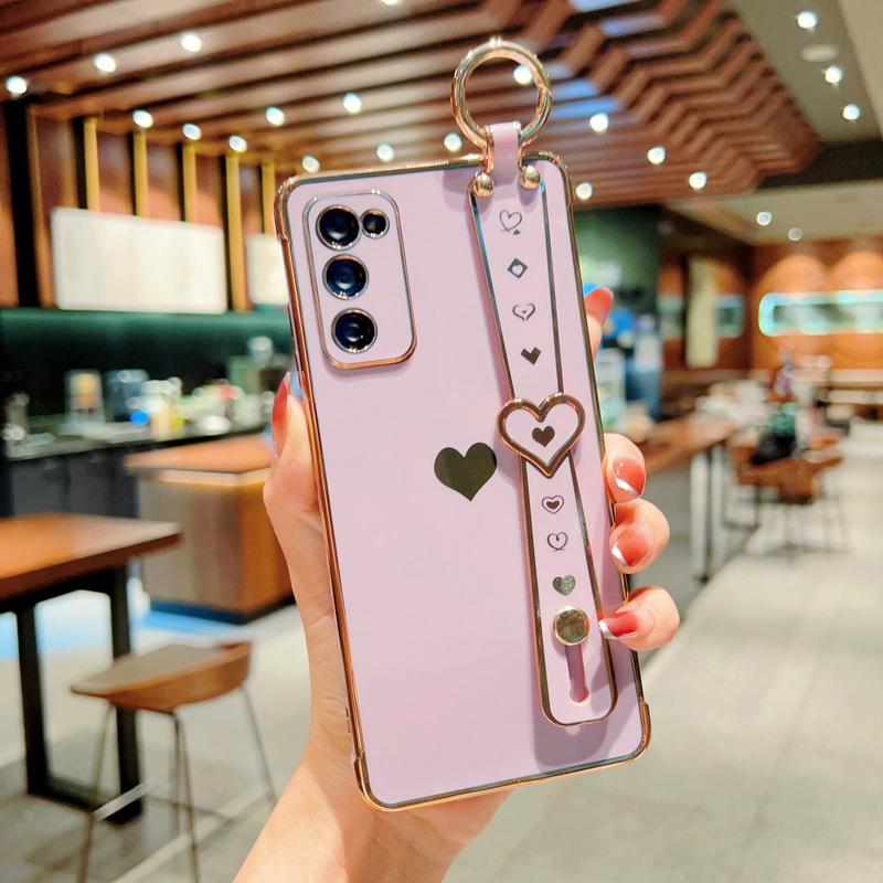 Plating Love Heart Wristband Case For Samsung S23 S22 S21 Ultra A54 A53 A52 A34 A33 A14 Shockproof Silicone Soft Cover