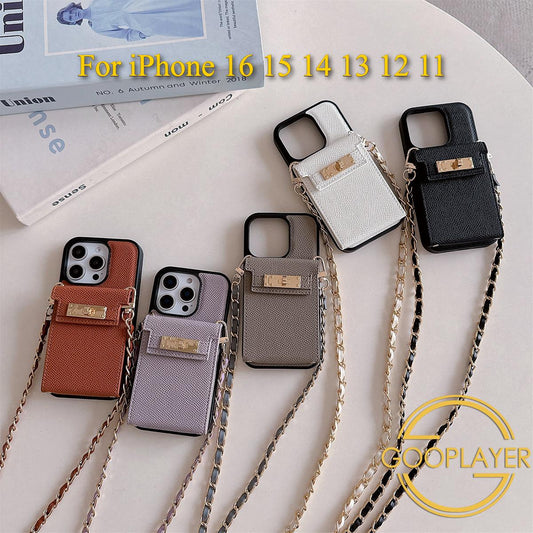 New Crossbody Wallet Phone Case for iPhone 16 Pro Max 15 14 Plus 13 12 11 with Makeup Mirror Metal Chain Lanyard Card Slot Holder Leather Cover