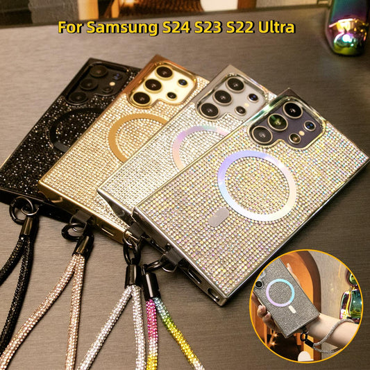 Luxury Glitter Rhinestone Plating Diamonds Magnetic Wireless Charging Phone Case With Rhinestone Wristband For Samsung S24 S23 Ultra Shockproof Protection Soft Bumper Cover