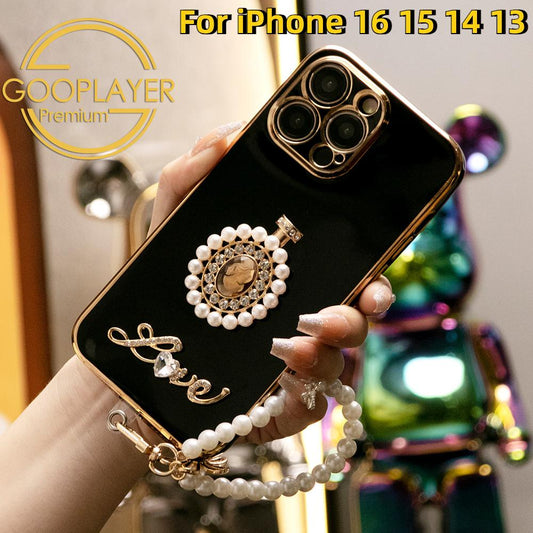 For iPhone 16 15 14 13 Pro Max Phone Case with Pearl Wristband, Pearl Perfume Bottle TPU Luxury Plating Slim Soft Full Cover