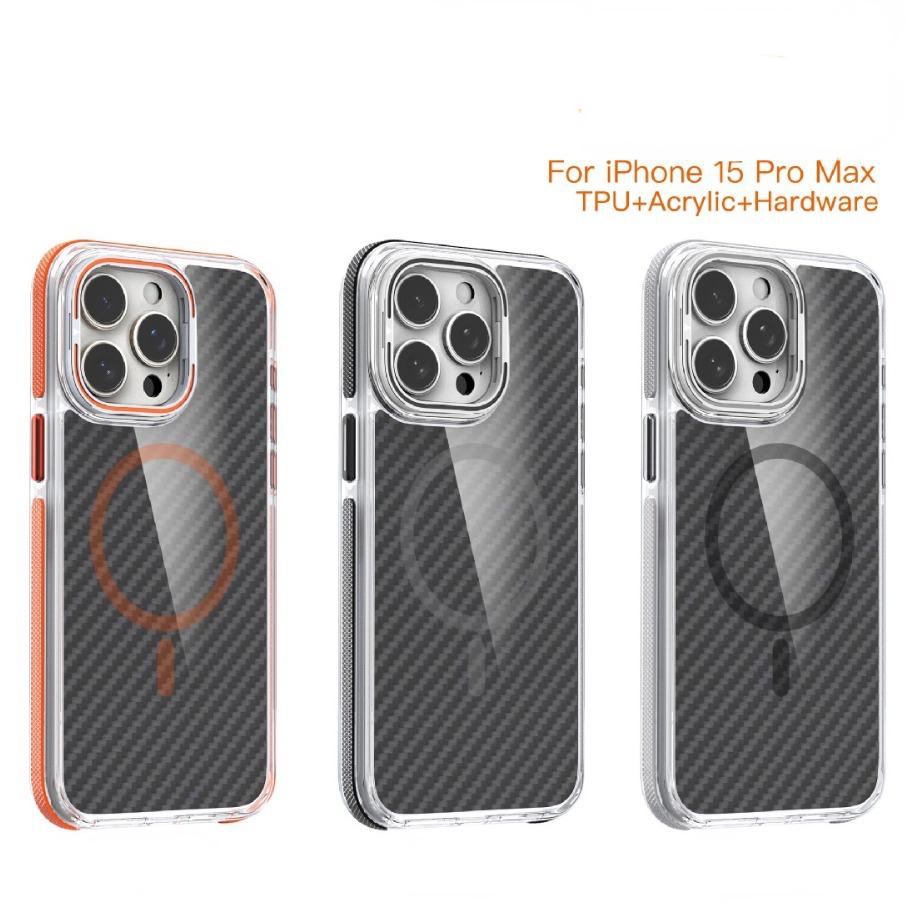 For iPhone 16 15 14 13 12 11 Case, Magnetic Carbon Fiber Pattern Phone Case, Metal Hardware Camera Lens Stand Acrylic Cover, Clear No Yellow, With Shockproof Anti-Fall Bumper