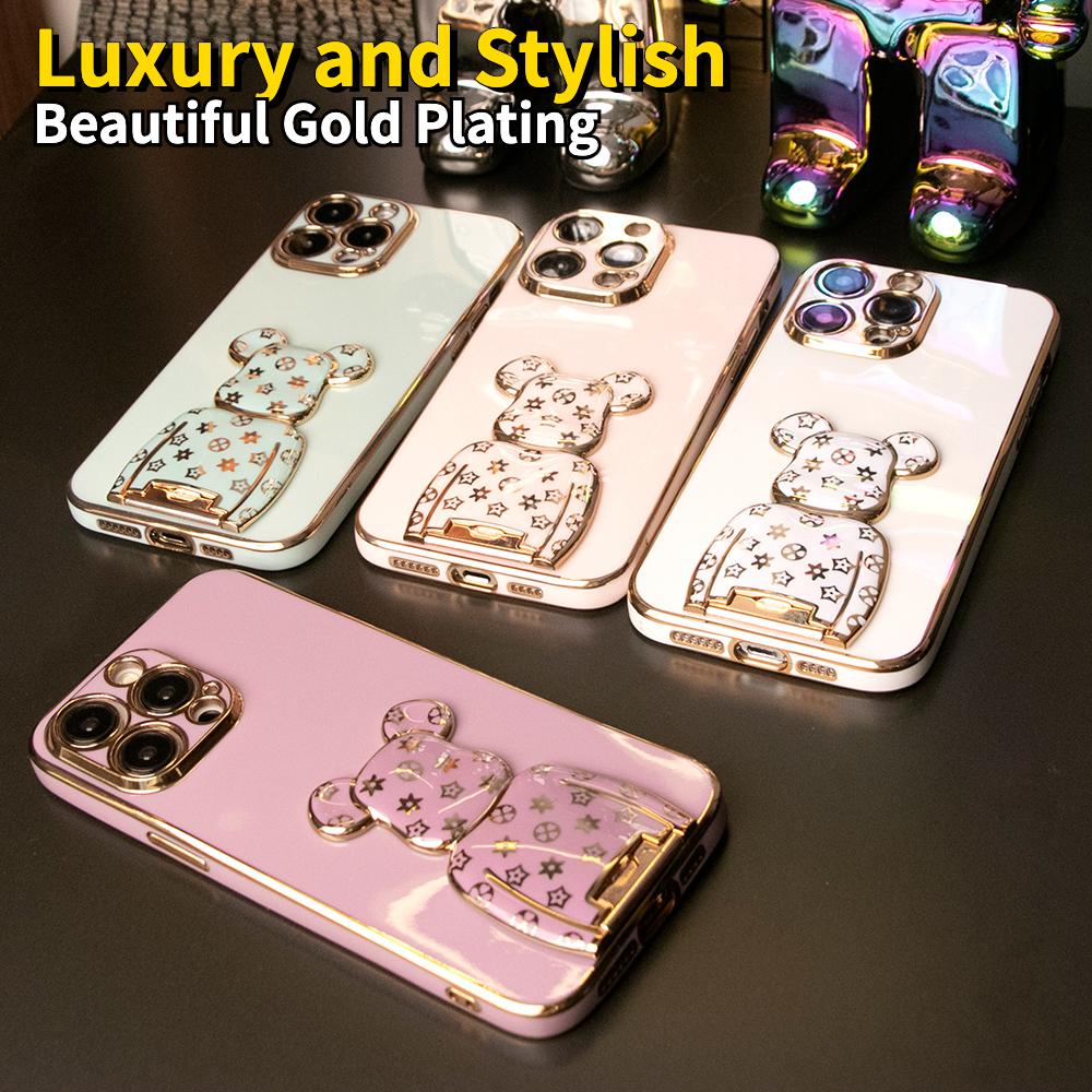 For iPhone 16 15 14 13 Pro Max Phone Case, Flower Bear Kickstand, Plating Electroplate Luxury Elegant Case Camera Protector Pop Stand Shockproof Soft Cover