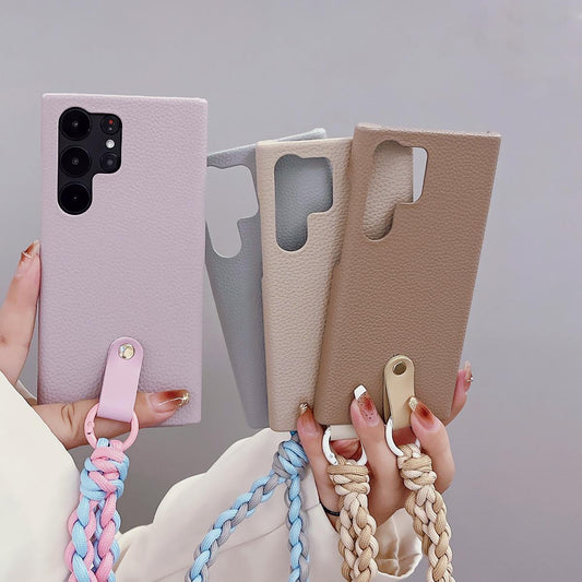 Luxury Wrist Strap Soft Leather Phone Case For Samsung S24Ultra S24 S23 Ultra S23 FE S22 Plus A25 A54 A52 A53 A34 A24 A33 A22 A13 Solid Color Cover