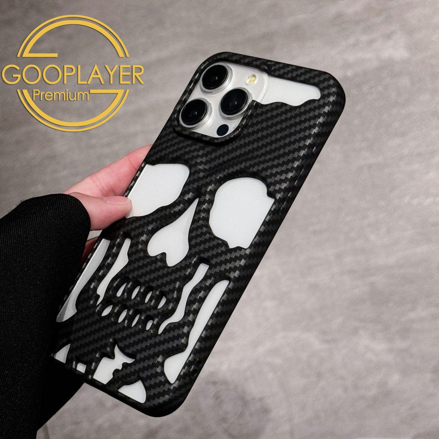 For iPhone 16 15 14 13 12 11 Pro Max Phone Case, Carbon fiber Pattern Skull Matte Hollow Heat Dissipation TPU Shockproof Case Cooling Soft Back Cover