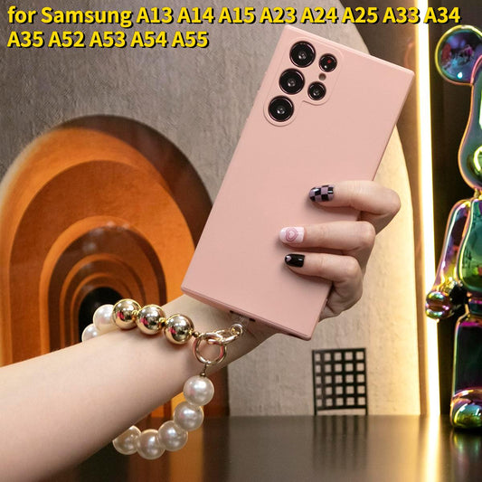 Liquid Silicone Matte Shockproof Phone Case with Pearl Metal Lanyard for Samsung A13 A14 A15 A23 A24 A25 A33 A34 A35 A52 A53 A54 A55