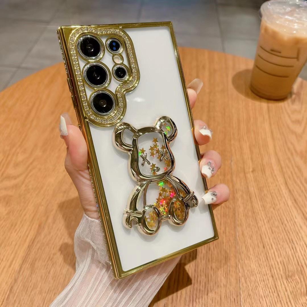 For Samsung S24 S23 S22 Plus Ultra Case, Rhinestone Quicksand Bear Glitter Luxury Elegant Plating Case Camera Protection Shockproof Hard Cover