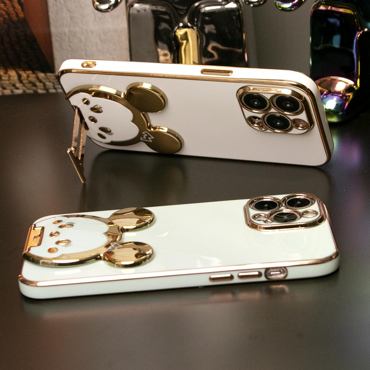 For iPhone 16 15 14 13 Pro Max Phone Case, Mouse Head Kickstand TPU Luxury Plating Slim Soft Full Cover