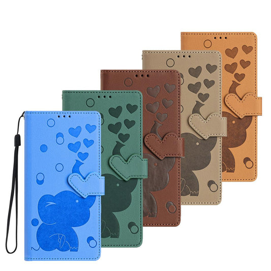 Love Heart Elephant Leather Wallet Phone Case For iPhone 16 15 14 13 12 11 Pro Max Plus , Comfortable Hand Feeling Call Convenient Magnetic Closing Clasp