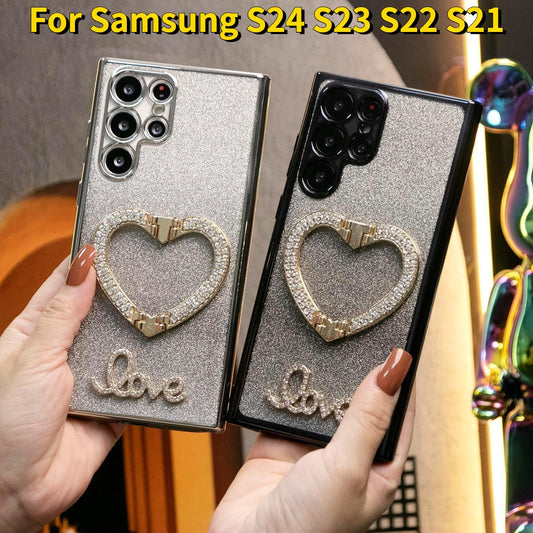 Glitter Crystal Love Heart Kickstand Clear Gradient TPU Plating Soft Phone Case For Samsung S24 S23 S22 S21 FE Plus Ultra