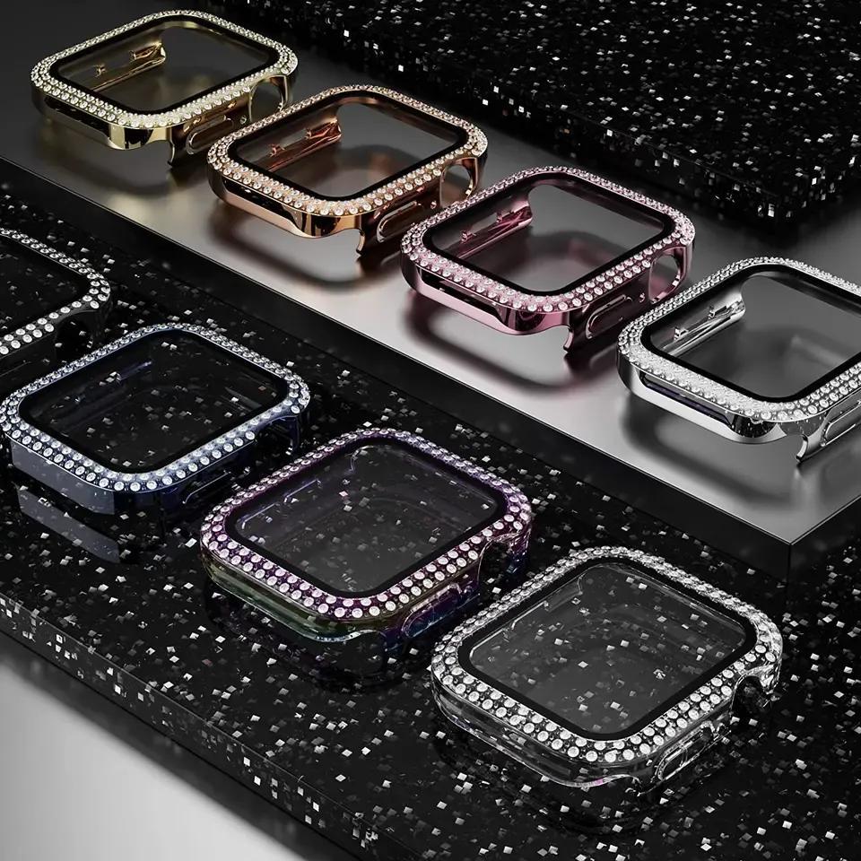 Glass+Diamond Cover For Apple watch case 40mm 44mm 41mm 45mm 38mm 42mm Bling Bumper Protector iWatch series 9 3 5 6 7 8 se case