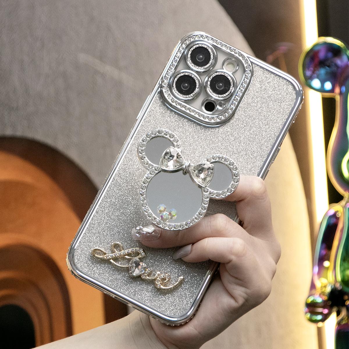 Plating Glitter Diamond Mouse Head Mirror Kickstand Phone Case For iPhone 16 15 14 13 12 Pro Max