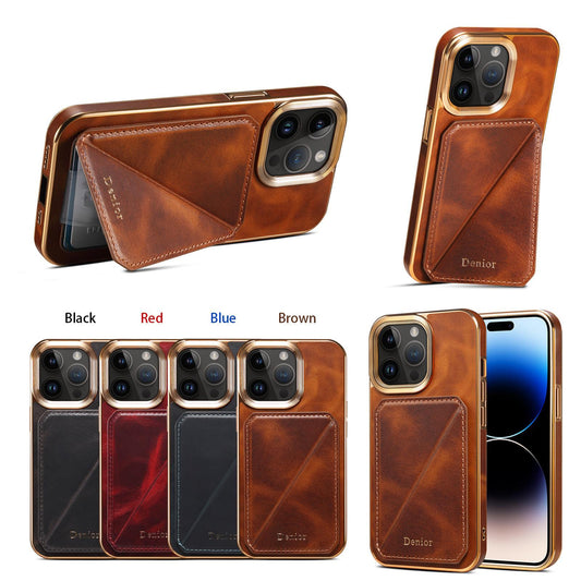 Leather Case For iPhone 15 Pro Max 12 13 14 Plus,Classic Oil Wax Cowhide Pattern Room Card Bracket Sleeve Slim Fit Phone Case