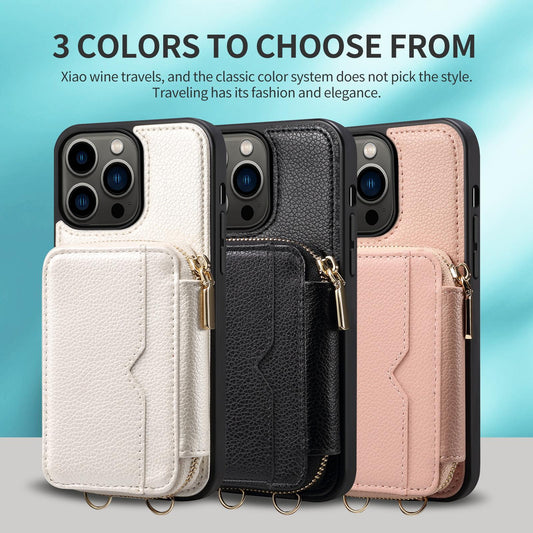 Zipper Crossbody Wallet Phone Case for iPhone 15 14 Plus 13 Pro Max Mirror Metal Chain Lanyard Card Slot Holder Leather Cover