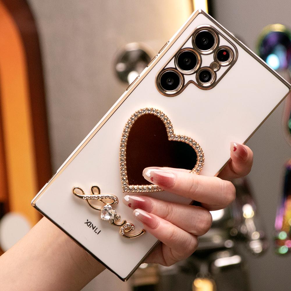 Love Heart Mirror Plating Phone Case for Samsung S24FE S24Ultra S24 S23 S22 S21 FE Plus Ultra Note 20