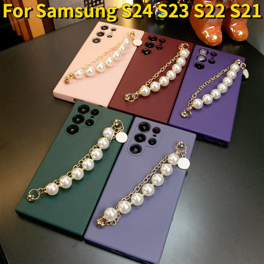 Silicone Matte Phone Case With Pearl Double Chain For Samsung S24 S23 S22 S21 Ultra Plus S24Plus S24Ultra Camera Protect Soft Cover S23 FE