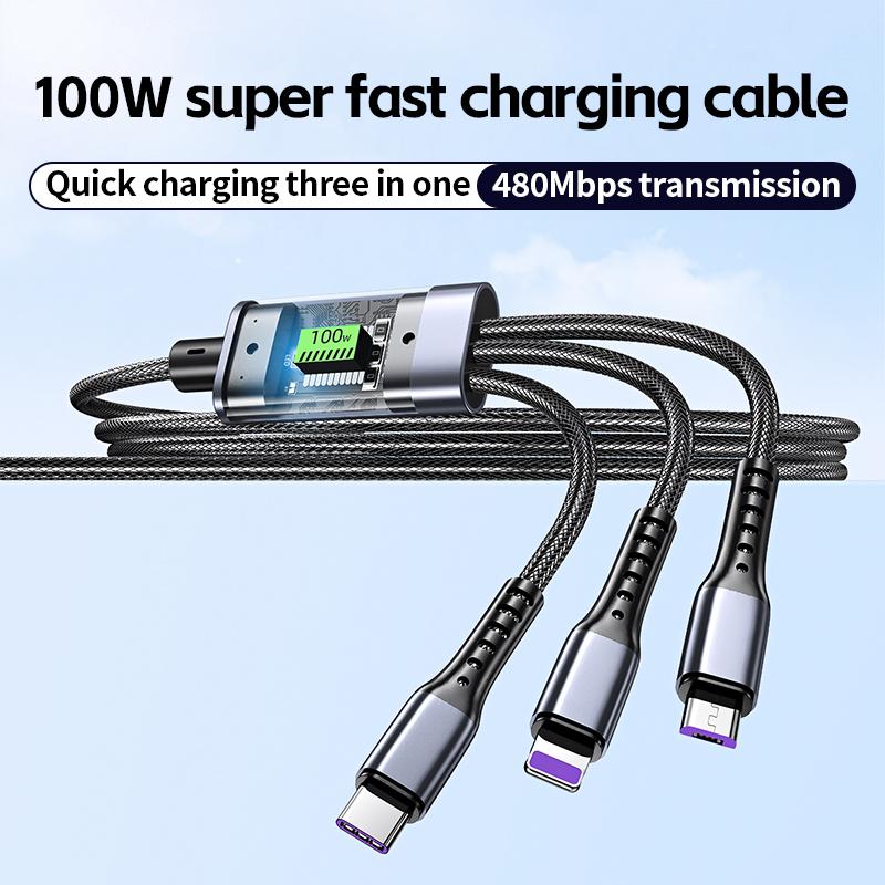 3 In 1 100w Transparent Fast Charging Cable Type C Usb Micro For Iphone Samsung Huawei Xiaomi Pilot Lamp Charger Usb C 6A