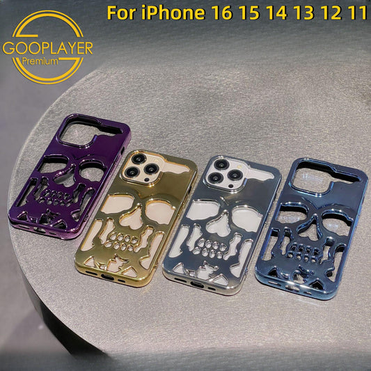 For iPhone 16 15 14 13 12 11 Pro Max Phone Case, Plating Thin Skull Hollow Heat Dissipation TPU Shockproof Case Cooling Soft Back Cover