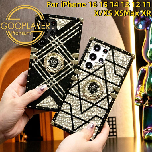 Luxury Glitter Retro Astral Phantom TPU Shockproof Phone Cover with Ring Kickstand For iPhone 16 15 14 13 12 11 X/XS XSMax XR Fashion Geometric Square Soft Phone Case