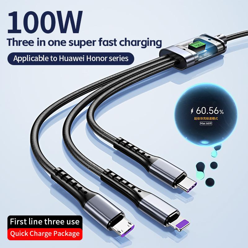 3 In 1 100w Transparent Fast Charging Cable Type C Usb Micro For Iphone Samsung Huawei Xiaomi Pilot Lamp Charger Usb C 6A