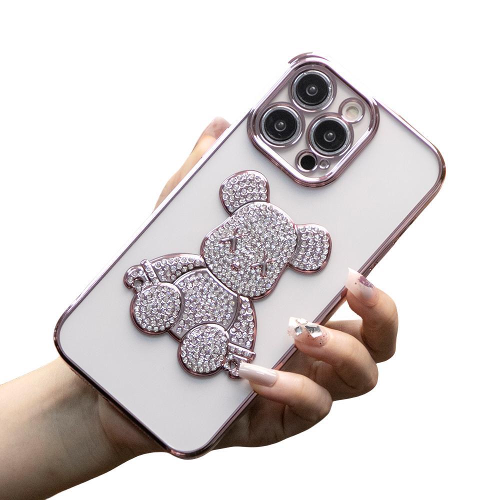 For iPhone 16 15 14 13 12 Pro Max Case, Rhinestone Bear, Glitter Clear Plating Electroplate Luxury Elegant Case Slim Fit Shockproof Soft Cover