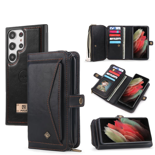 Leather Magnetic Wallet Phone Case For Samsung Galaxy S23 Ultra S22 Plus Note 20 Ultra Multifunction Zipper Business Split Cover POLA 005