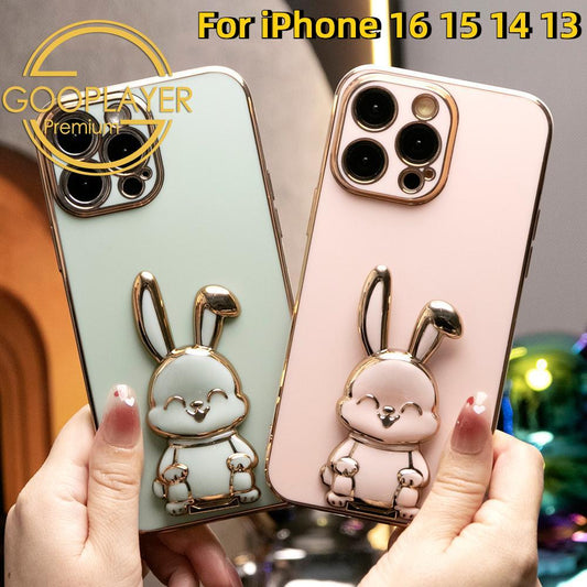 For iPhone 16 15 14 13 Pro Max Phone Case, Rabbit Kickstand TPU Luxury Plating Slim Soft Full Cover