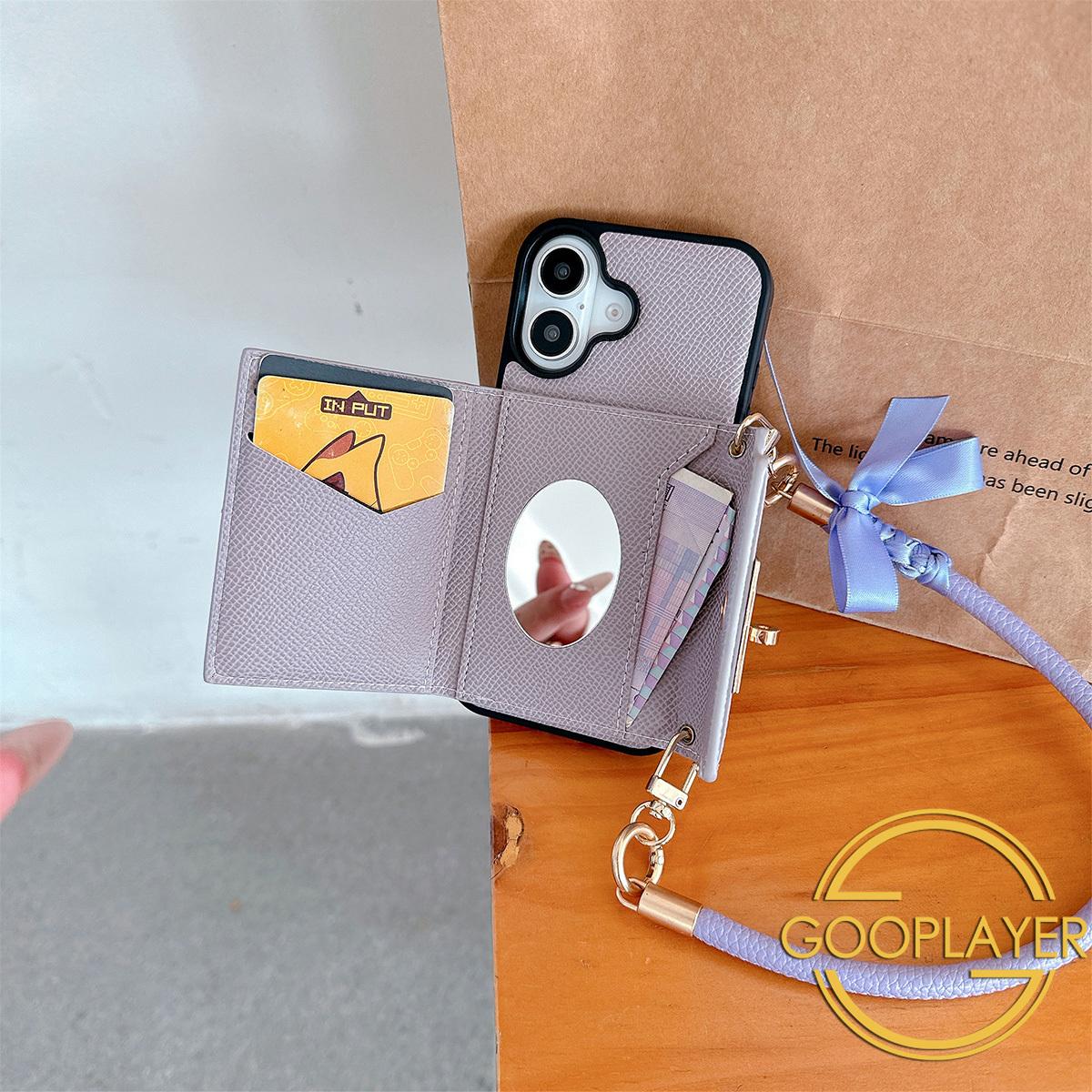 New Hand Bag Wallet Phone Case for iPhone 16 Pro Max 15 14 Plus 13 12 11 with Makeup Mirror Bowknot Leather Chain Lanyard Card Slot Holder Leather Cover