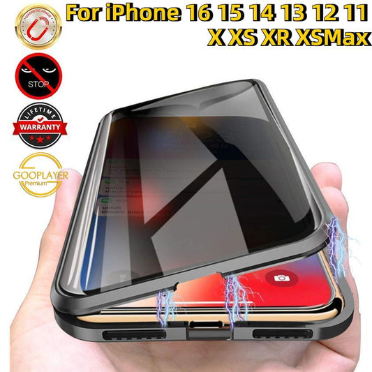 For iPhone 16 15 14 13 12 11 X XS XR XSMax Phone Case, Anti Peeping Magnetic Double Sided Full Cover Privacy Metal Bumper Tempered Glass Antispy Full Cover