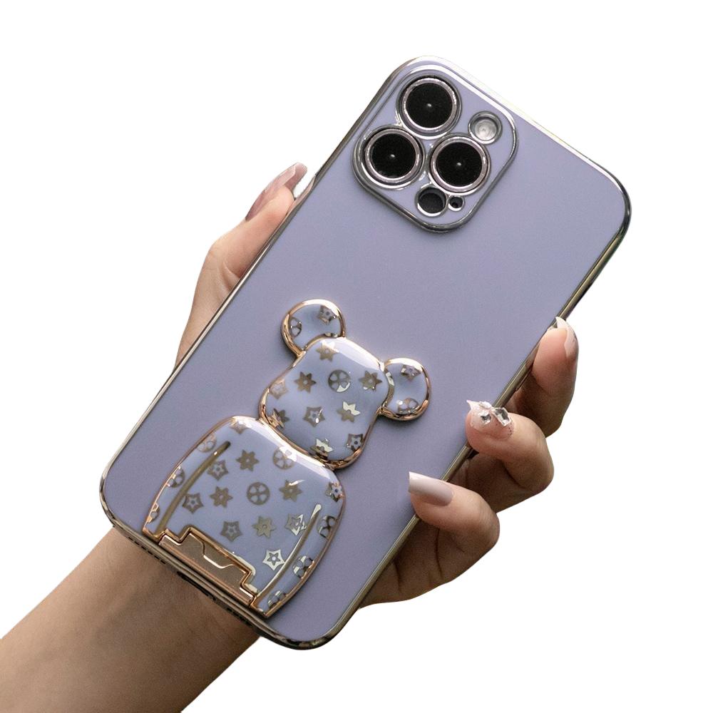 For iPhone 16 15 14 13 Pro Max Phone Case, Flower Bear Kickstand, Plating Electroplate Luxury Elegant Case Camera Protector Pop Stand Shockproof Soft Cover