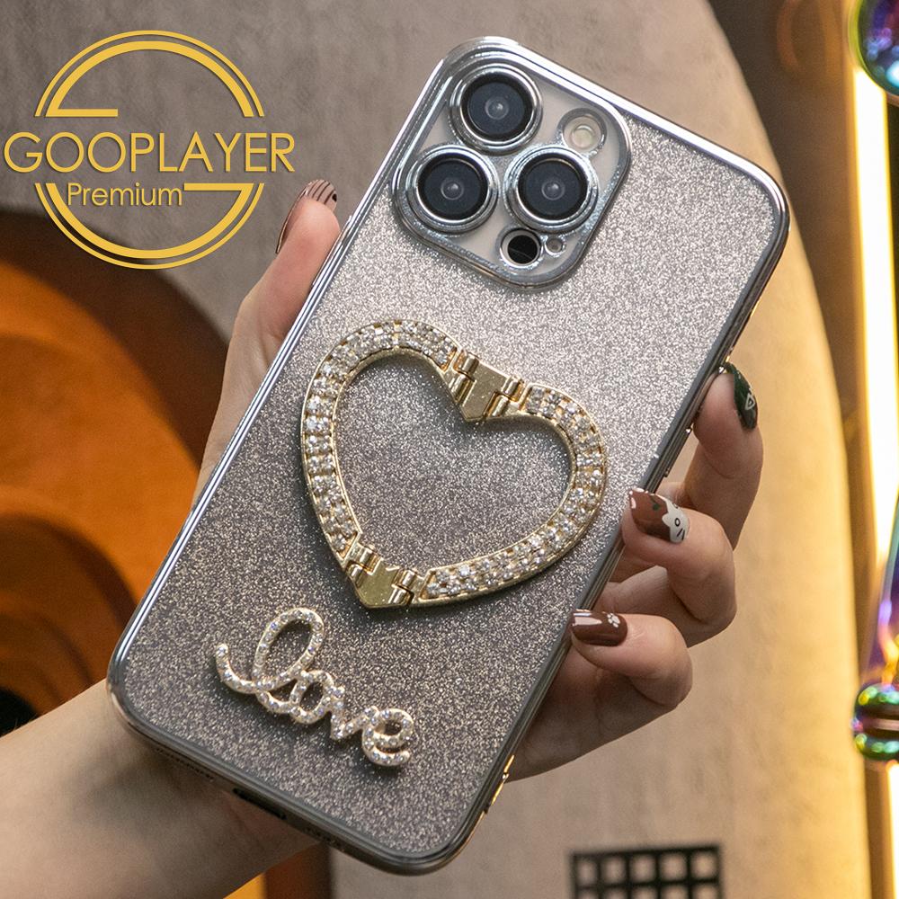 For iPhone 16 15 14 13 Pro Max Phone Case, Clear Gradient Glitter Love Heart Kickstand TPU Luxury Plating Slim Soft Full Cover