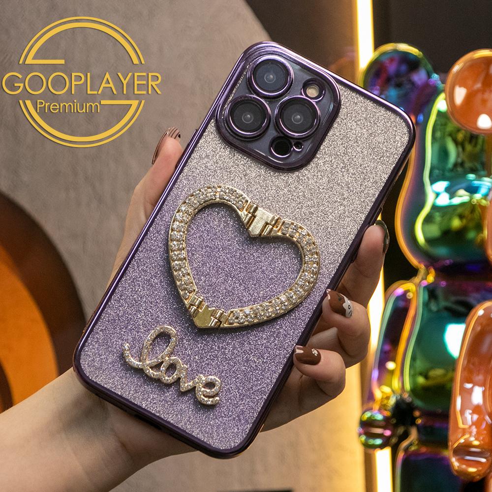 For iPhone 16 15 14 13 Pro Max Phone Case, Clear Gradient Glitter Love Heart Kickstand TPU Luxury Plating Slim Soft Full Cover